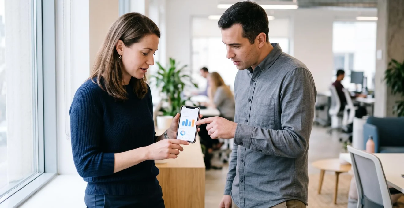 Deux professionnels analysent les statistiques de performance d'une vidéo courte sur un smartphone.
