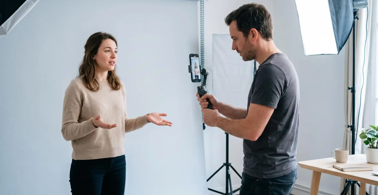 Un vidéaste filme une jeune femme à l'aide d'un smartphone stabilisé pour produire une vidéo verticale dans un studio de contenu.