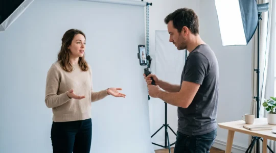 Un vidéaste filme une jeune femme à l'aide d'un smartphone stabilisé pour produire une vidéo verticale dans un studio de contenu.
